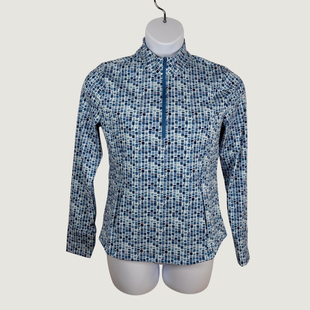 Tommy Bahama Everyday Active Womens Large Blue White Geometric 1/4 Zip Pullover